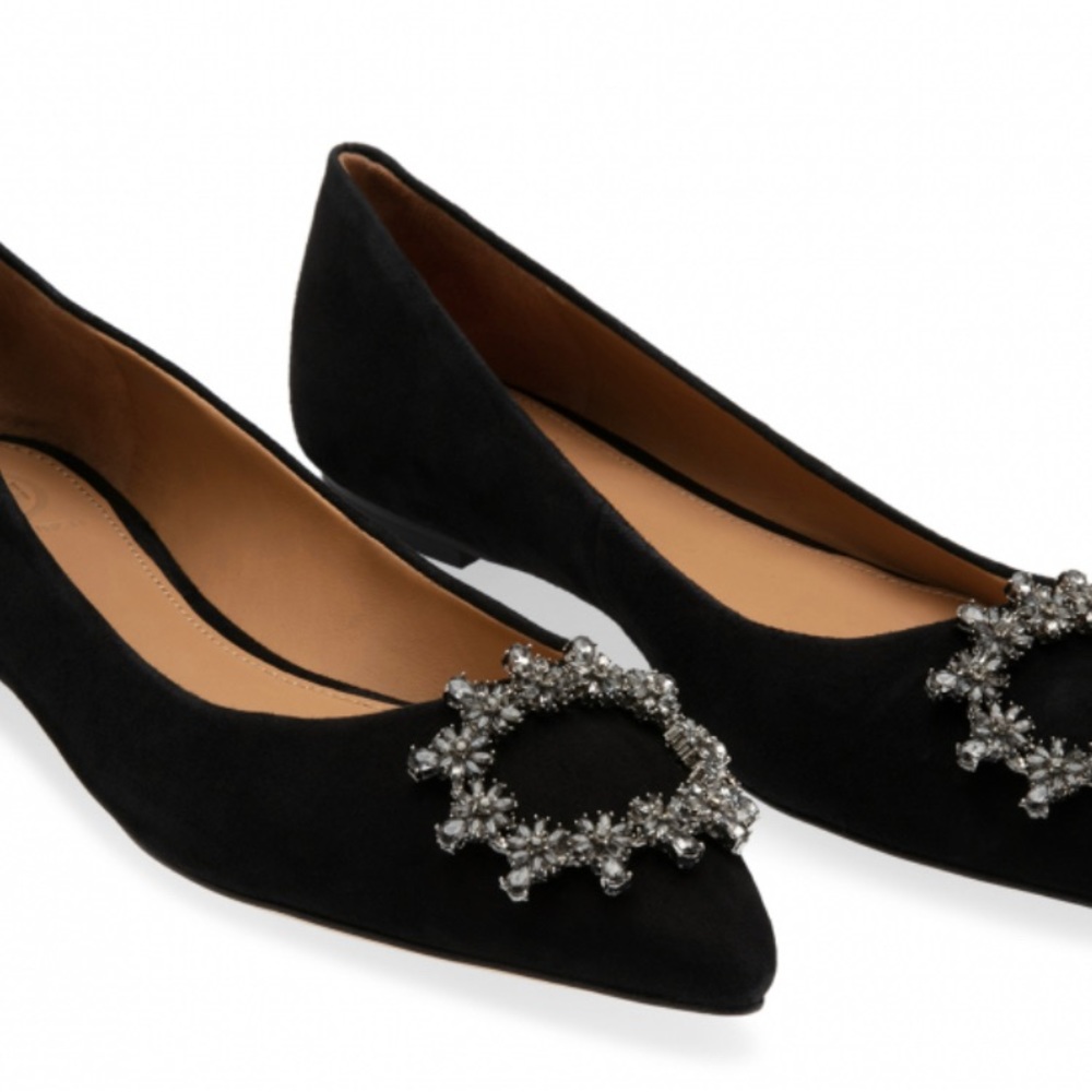TORY BURCH Crystal Buckle Pointy Toe Kid Suede Ballet Flat